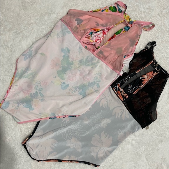 2️⃣ Tempt Me Women’s One Piece Swimsuits Pink and Black Flower V-Neckline Mesh. - Picture 5 of 16